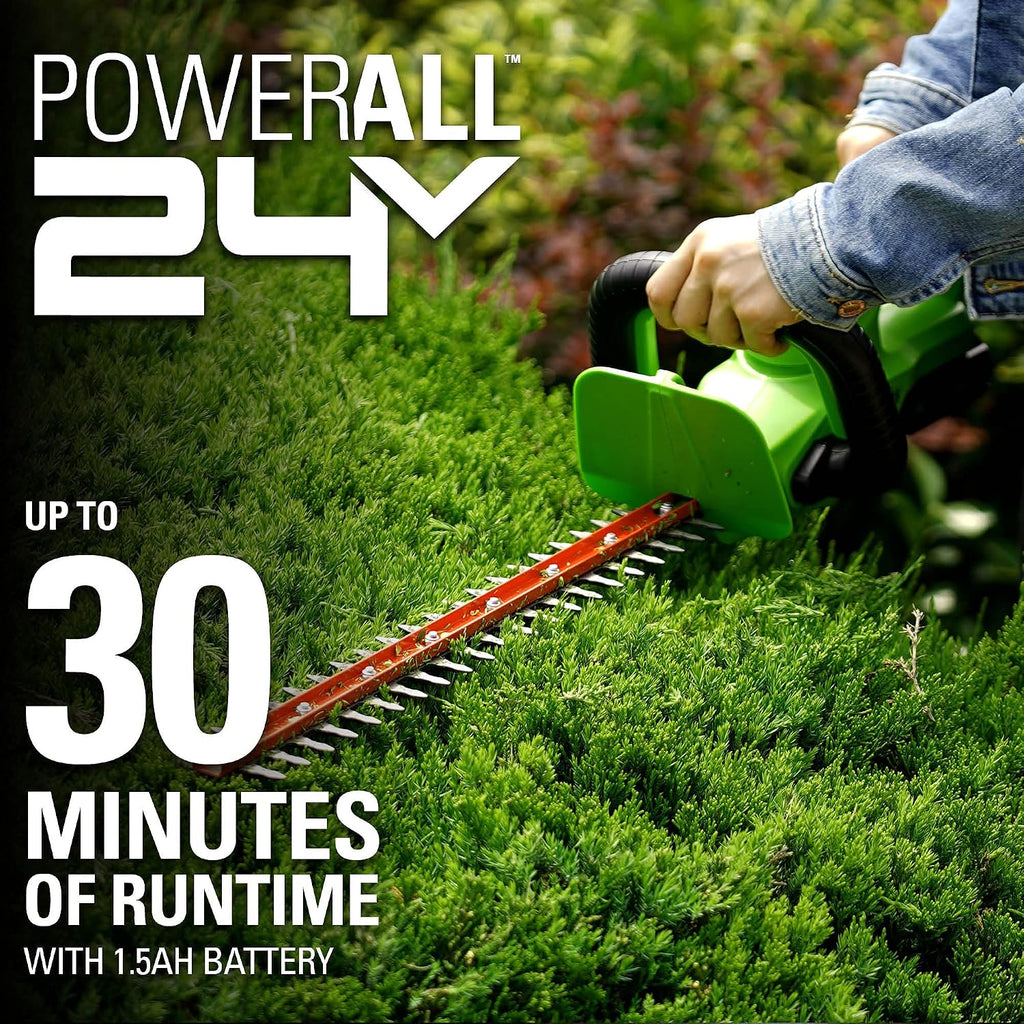 Greenworks 24V 22' Cordless Rotating Handle Hedge Trimmer, 1.5Ah USB Battery and Charger Included