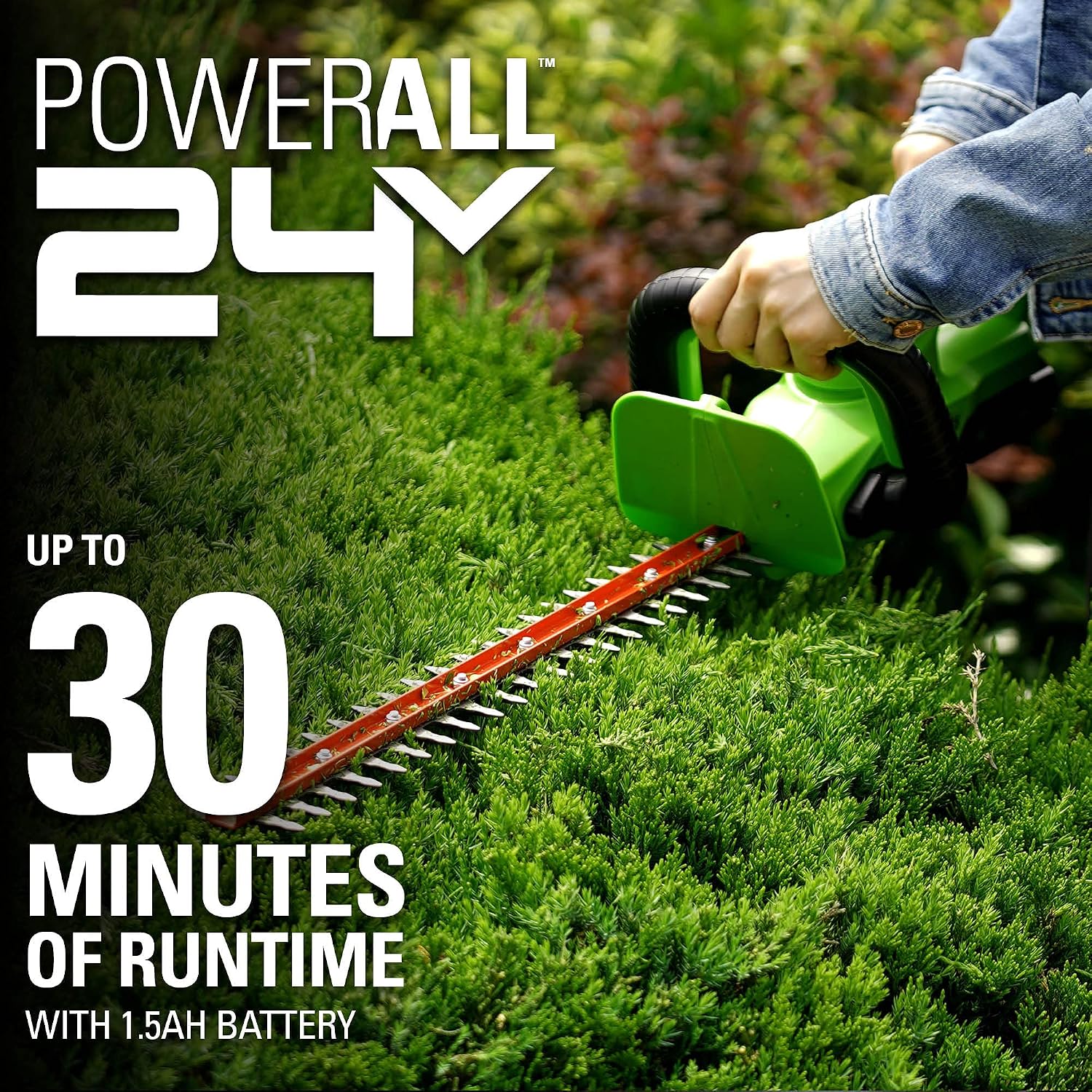 Greenworks 24V 22' Cordless Rotating Handle Hedge Trimmer, 1.5Ah USB Battery and Charger Included