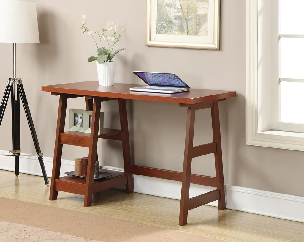 Convenience Concepts Designs2Go Trestle Desk 47' - Modern Desk or Vanity with Shelves, for Office, Dorm, Living Room, Cherry