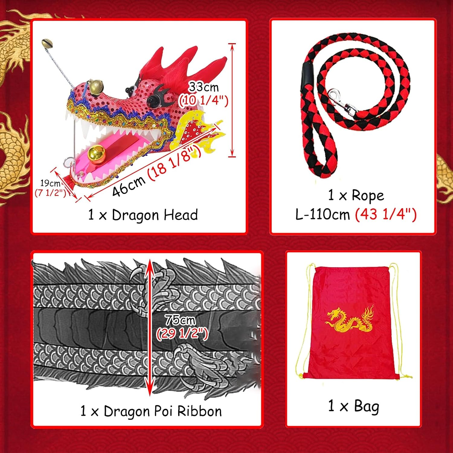 Dragon Poi with Flowing Silk Streamers – Chinese Dragon Head Spinning Toy, 8m/10m/12m Long Outdoor Dance Ribbons – Includes Portable Carry Bag, Perfect for Flow Arts, Festivals & Performance