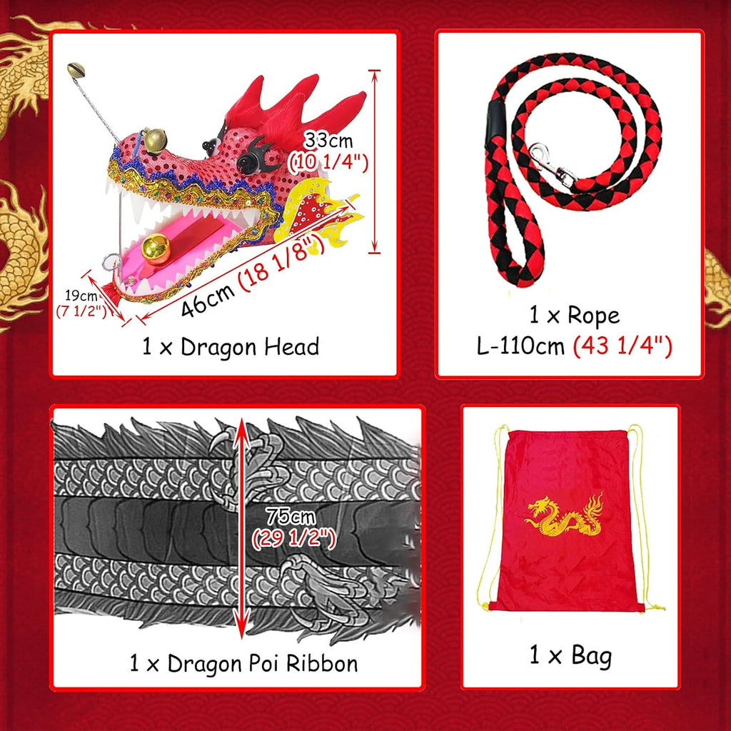 Dragon Poi with Flowing Silk Streamers – Chinese Dragon Head Spinning Toy, 8m/10m/12m Long Outdoor Dance Ribbons – Includes Portable Carry Bag, Perfect for Flow Arts, Festivals & Performance