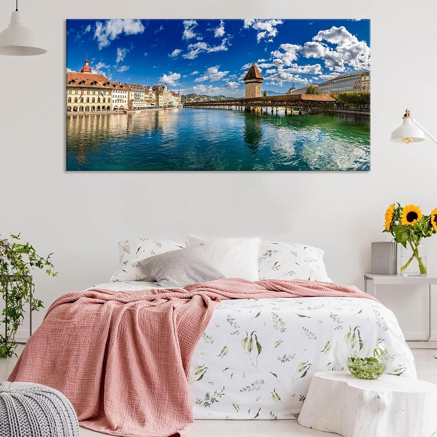 Swiss Lucerne Chapel Bridge Cityscape Large Wall Art Reuss River View Canvas Print Posters European Landscape Lake Pictures Decor Artwork for Luxury Home Living Room Bedroom Office 20x40inch Framed