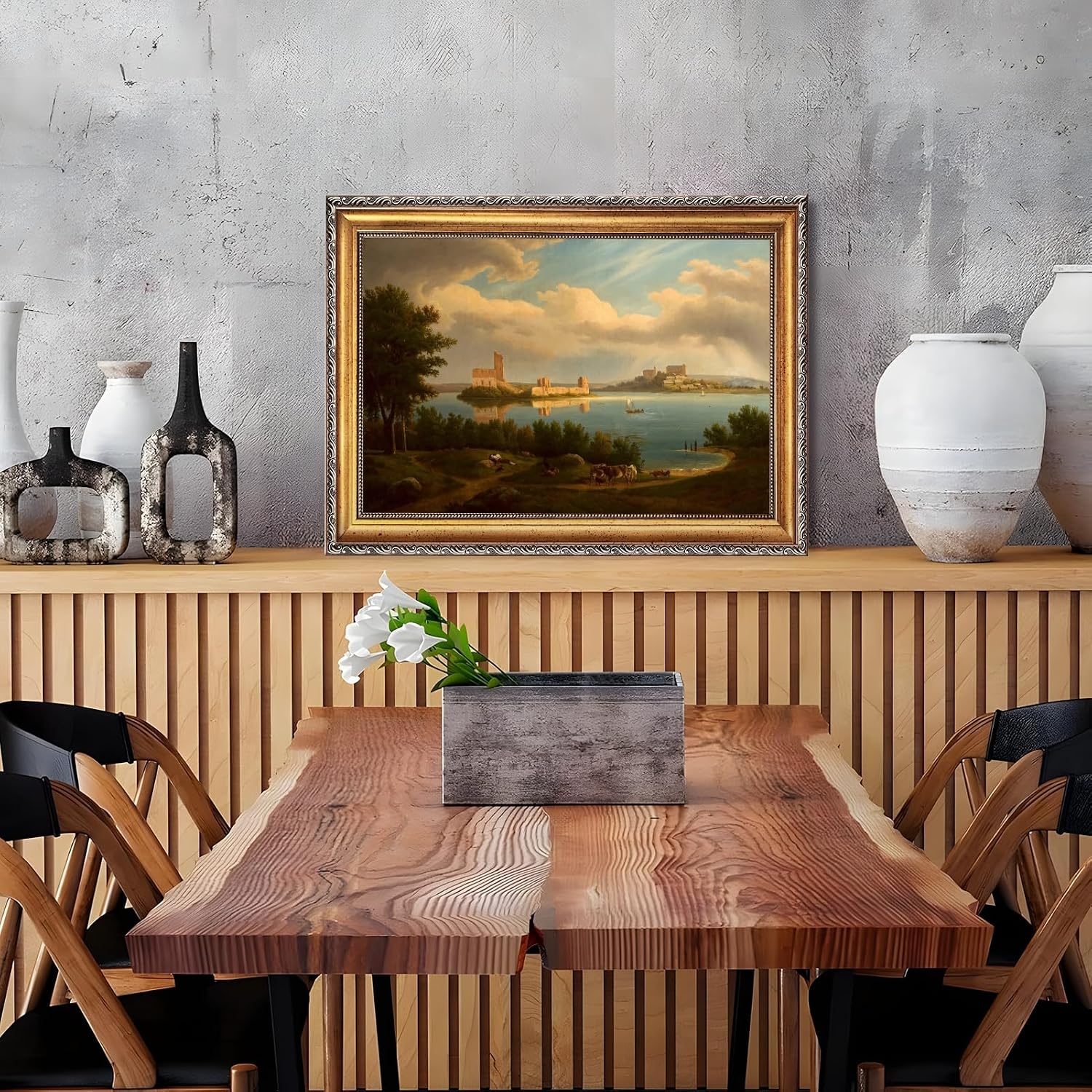 Large Framed Classical Coastal Castle Painting European Seaside Town Landscape Canvas Wall Art Print Harbor Fortress Poster Vintage Scenic Architecture Picture Decor for Living Room Office 24x36inch