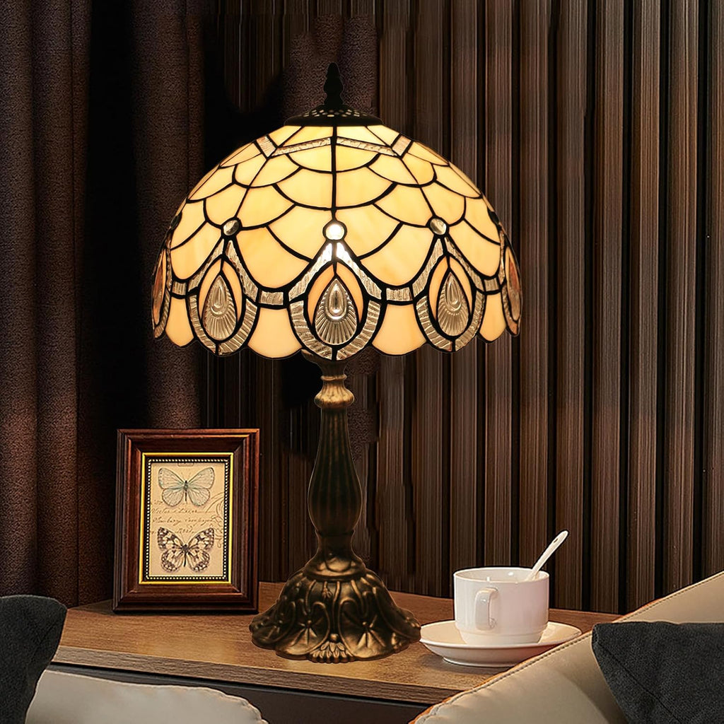 Tiffany Style End Side Table Lamps, Modern Bedside Nightstand Stained Glass with Crystal Large Farmhouse Table Lamp for Bedroom,Living Room Home Office Desk Lamp+LED Bulb,12X12X20INCH