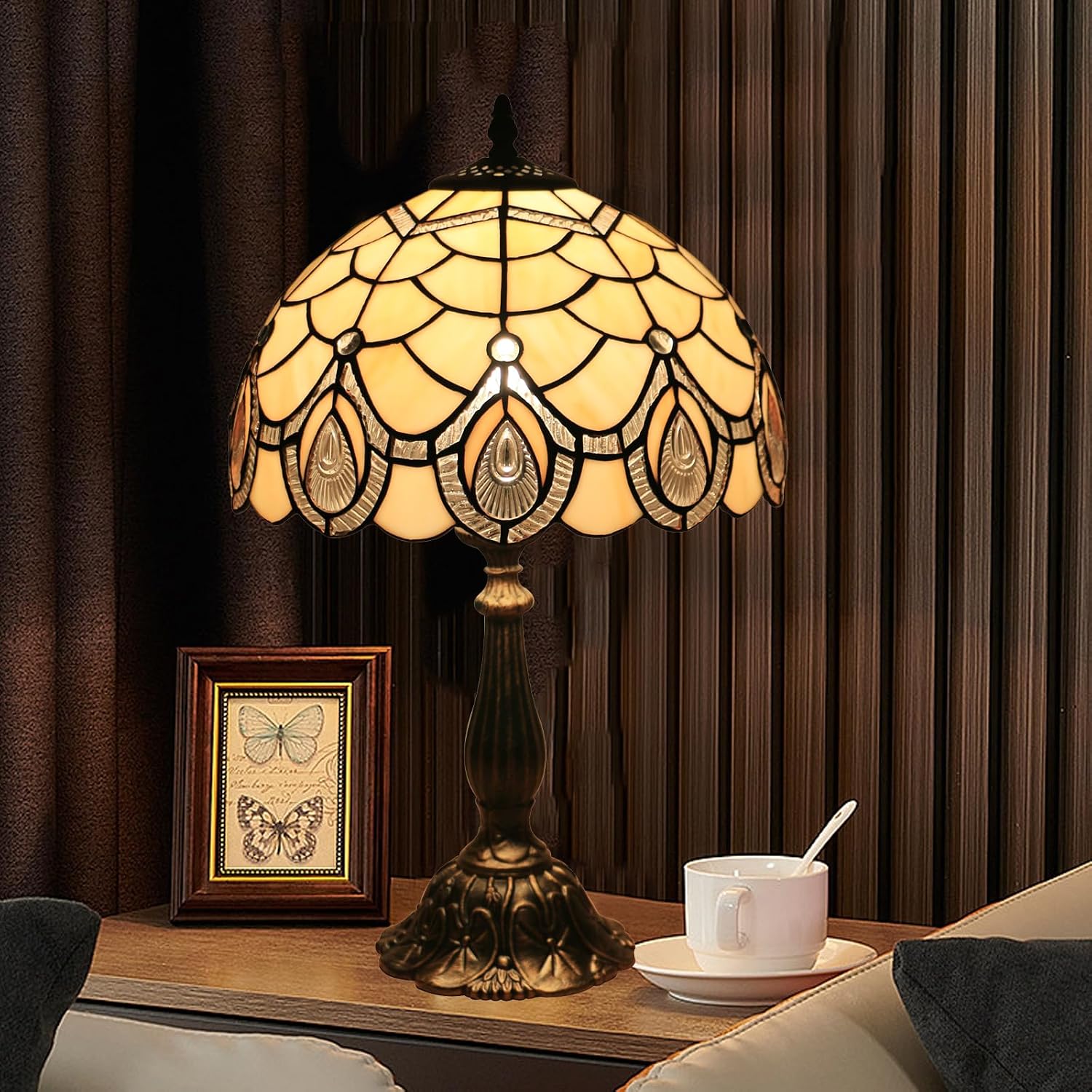 Tiffany Style End Side Table Lamps, Modern Bedside Nightstand Stained Glass with Crystal Large Farmhouse Table Lamp for Bedroom,Living Room Home Office Desk Lamp+LED Bulb,12X12X20INCH