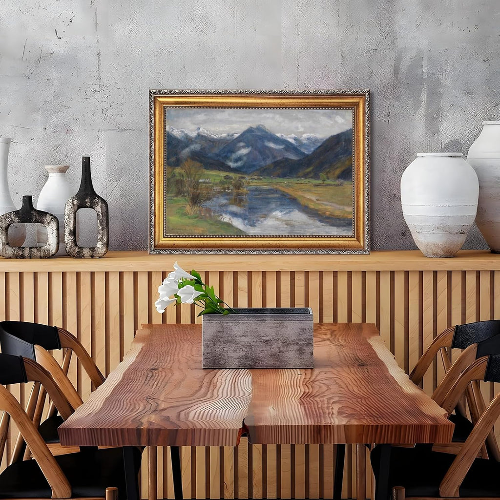 Large Gold Framed Hinterstein from the Water Canvas Poster by Otto Modersohn Vintage Alpine Landscape Wall Art European Mountain River Oil Paintings Reproduction Artwork Print for Home Decor 24x36inch