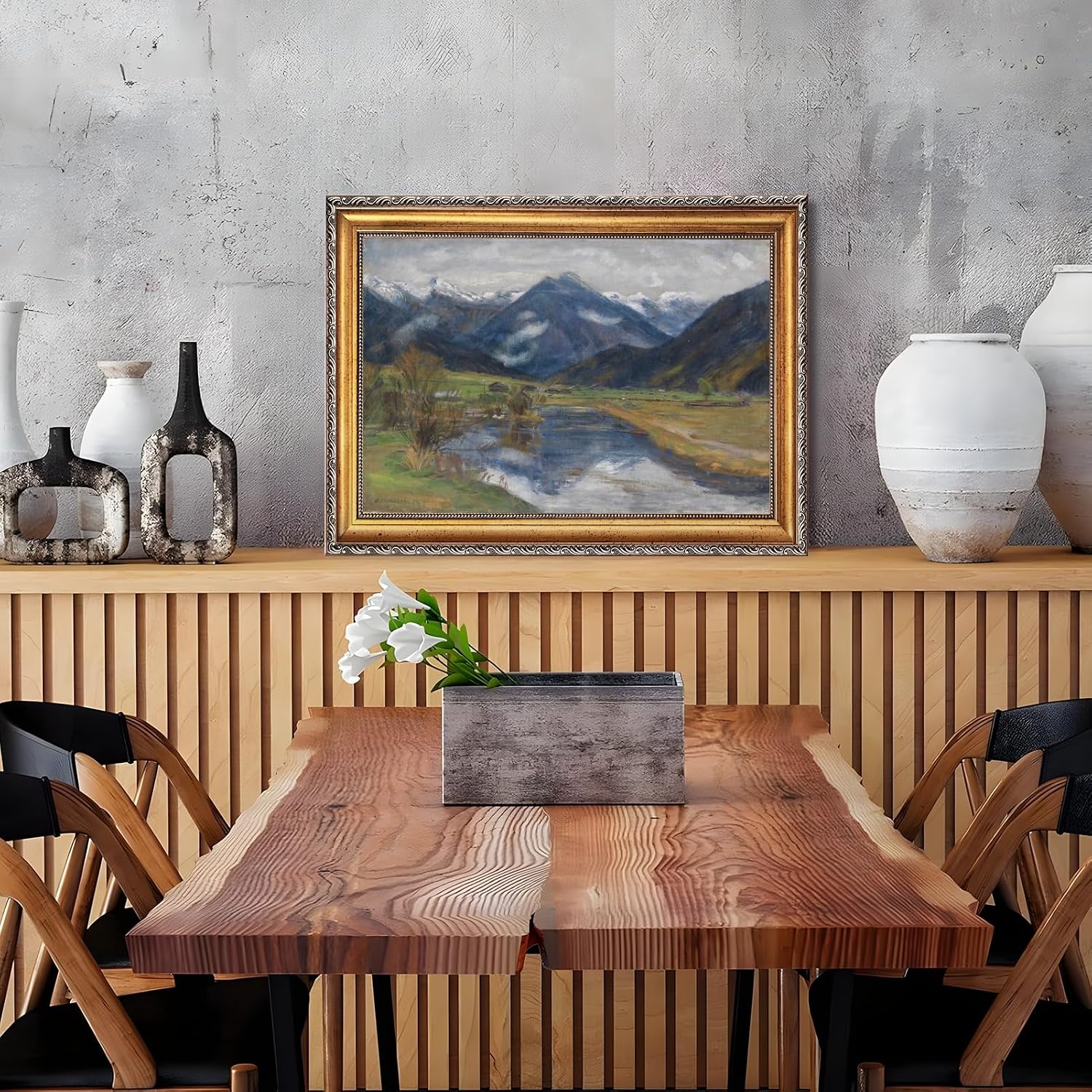 Large Gold Framed Hinterstein from the Water Canvas Poster by Otto Modersohn Vintage Alpine Landscape Wall Art European Mountain River Oil Paintings Reproduction Artwork Print for Home Decor 24x36inch