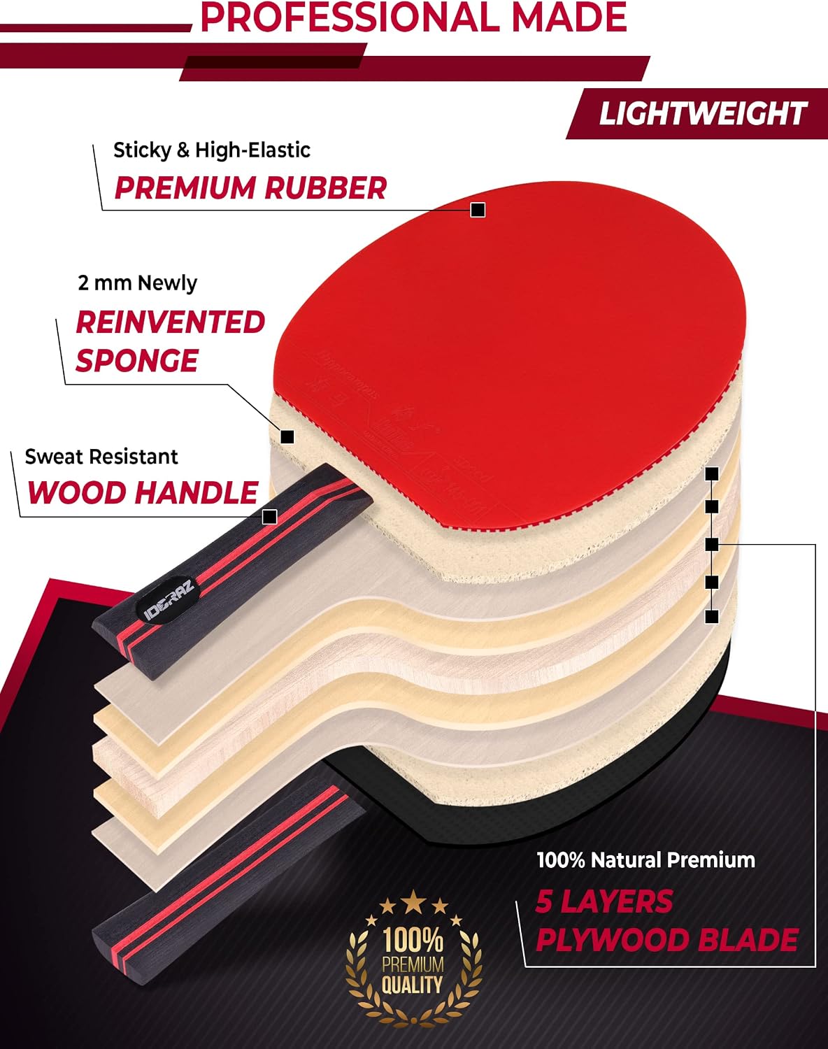 Professional Ping Pong Paddle with ITTF Rubber and Carrying Case | Table Tennis Racket with Speed 99, Spin 93, Control 90, Improves Accuracy and Consistency