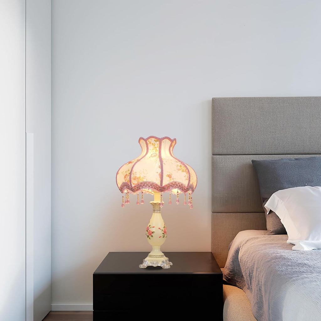 Cute Table Lamp with Fabric Lampshade, Antique Flower Decorative Bedside Desk Nightstand Lamp, Handmade Night Light for Bedroom Living Room (Pink and Beige)