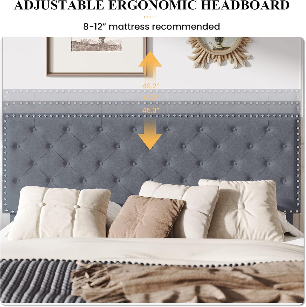 SHA CERLIN King Size Velvet Bed Frame with Adjustable Headboard, Diamond Button Tufted and Rivet Decor, No Box Spring Needed, Silver Grey