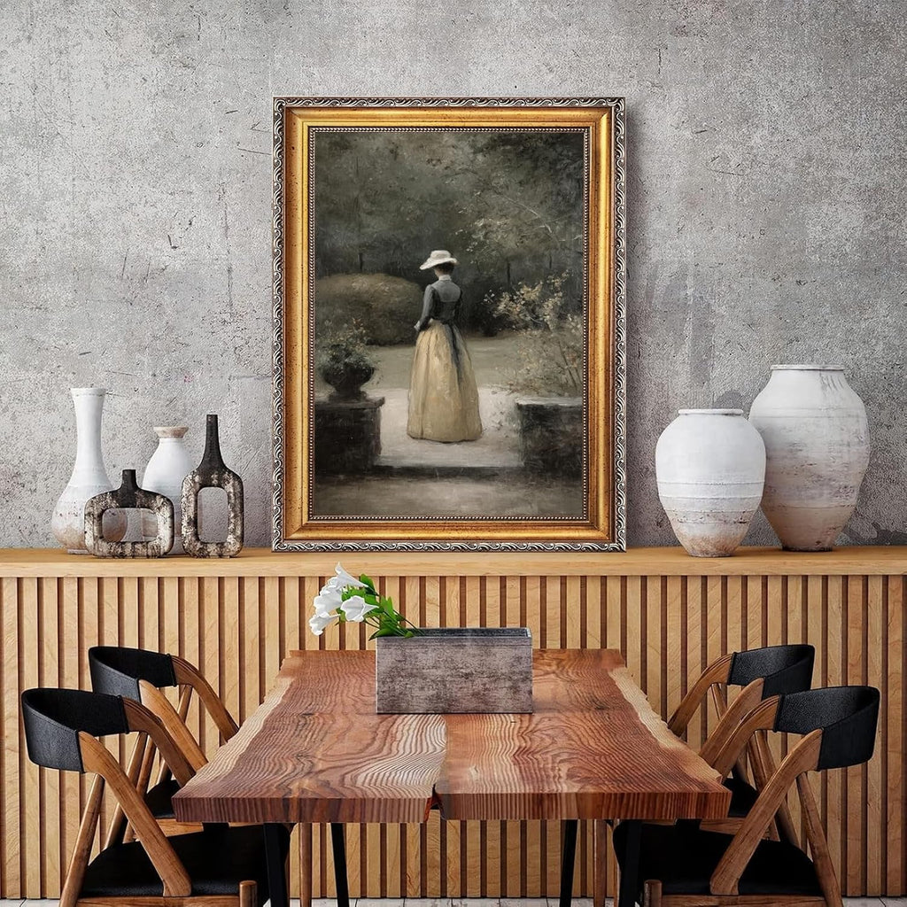 Large Framed Woman in Garden Oil Painting Poster Vintage Courtyard Female Canvas Wall Art Romantic European Victorian Lady Artwork Print Classic Cottage Decor for Bedroom Living Room 24x36inch