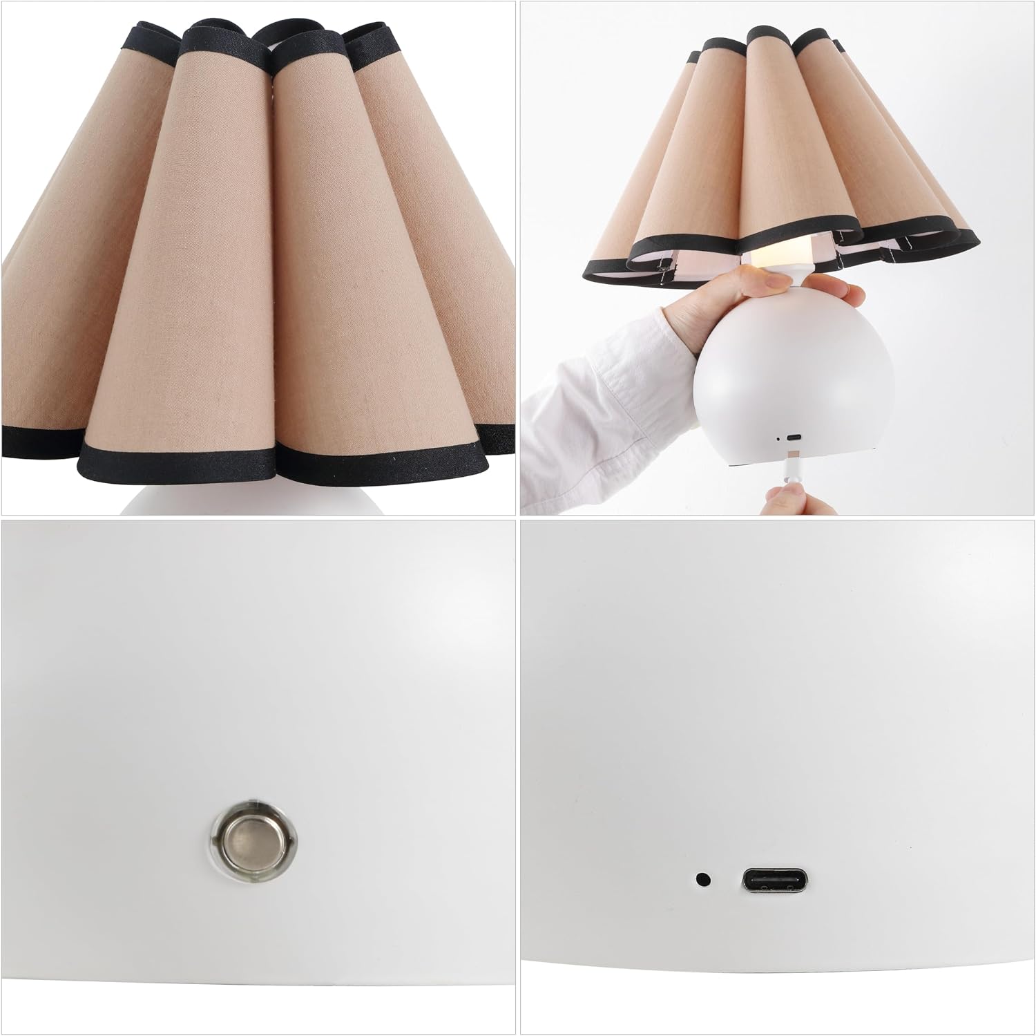 JONATHAN Y 10.5' Ivory Rechargeable Cordless Integrated LED Table Lamps Set of 2, Classic Vintage Scalloped Linen Shade, Dimmable Touch Sensor Accent Lamps JYL7157A-SET2