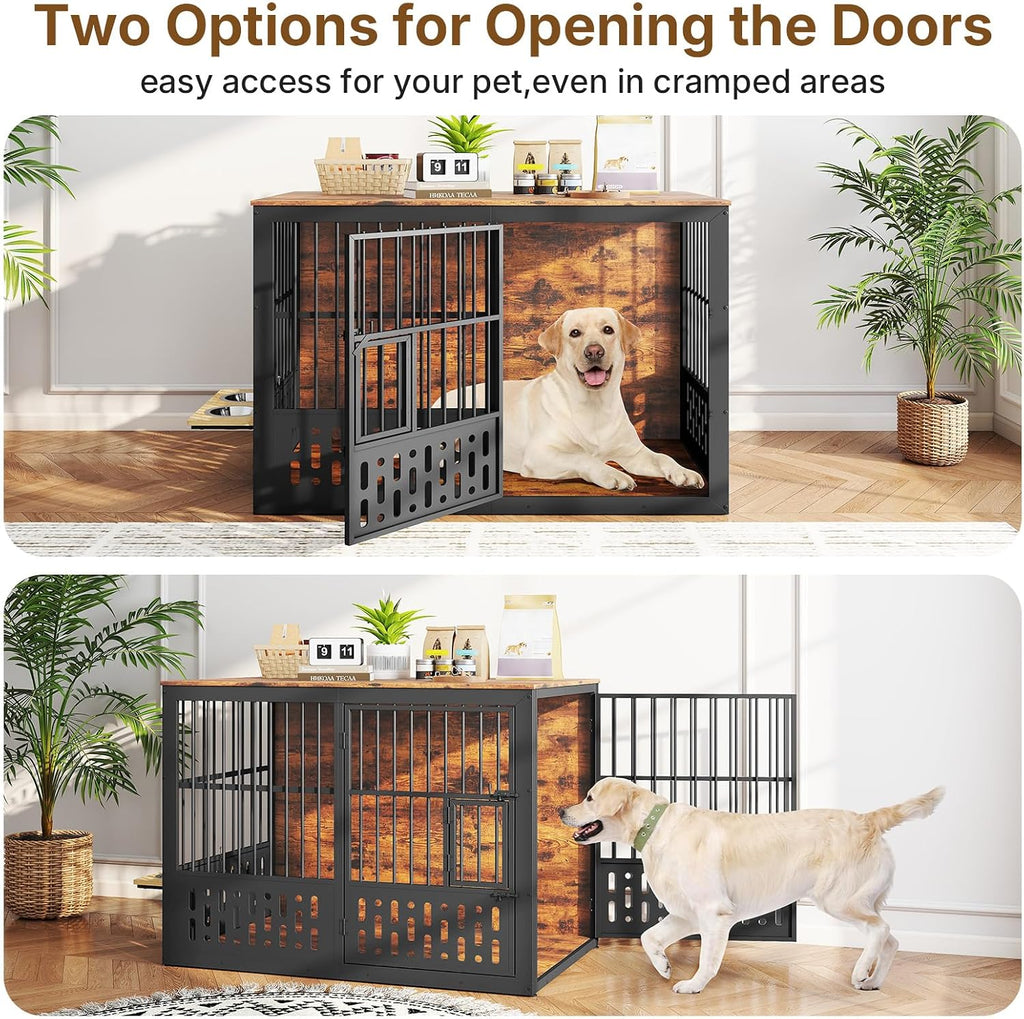 Rovibek 48 Inch Dog Crate Furniture, Wooden Dog Cage Furniture with Window and Adjustable Dogs Bowls 360° Rotatable, Heavy Duty XL Kennel Indoor as End Table, Brown