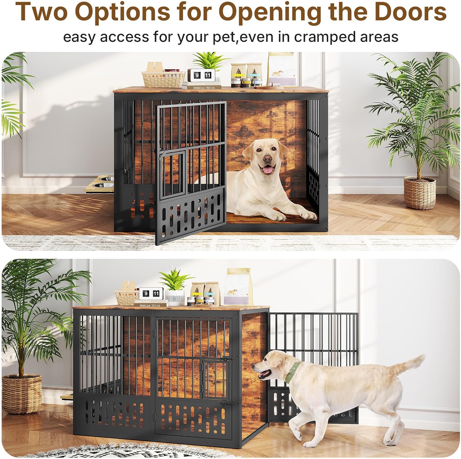 Rovibek 48 Inch Dog Crate Furniture, Wooden Dog Cage Furniture with Window and Adjustable Dogs Bowls 360° Rotatable, Heavy Duty XL Kennel Indoor as End Table, Brown