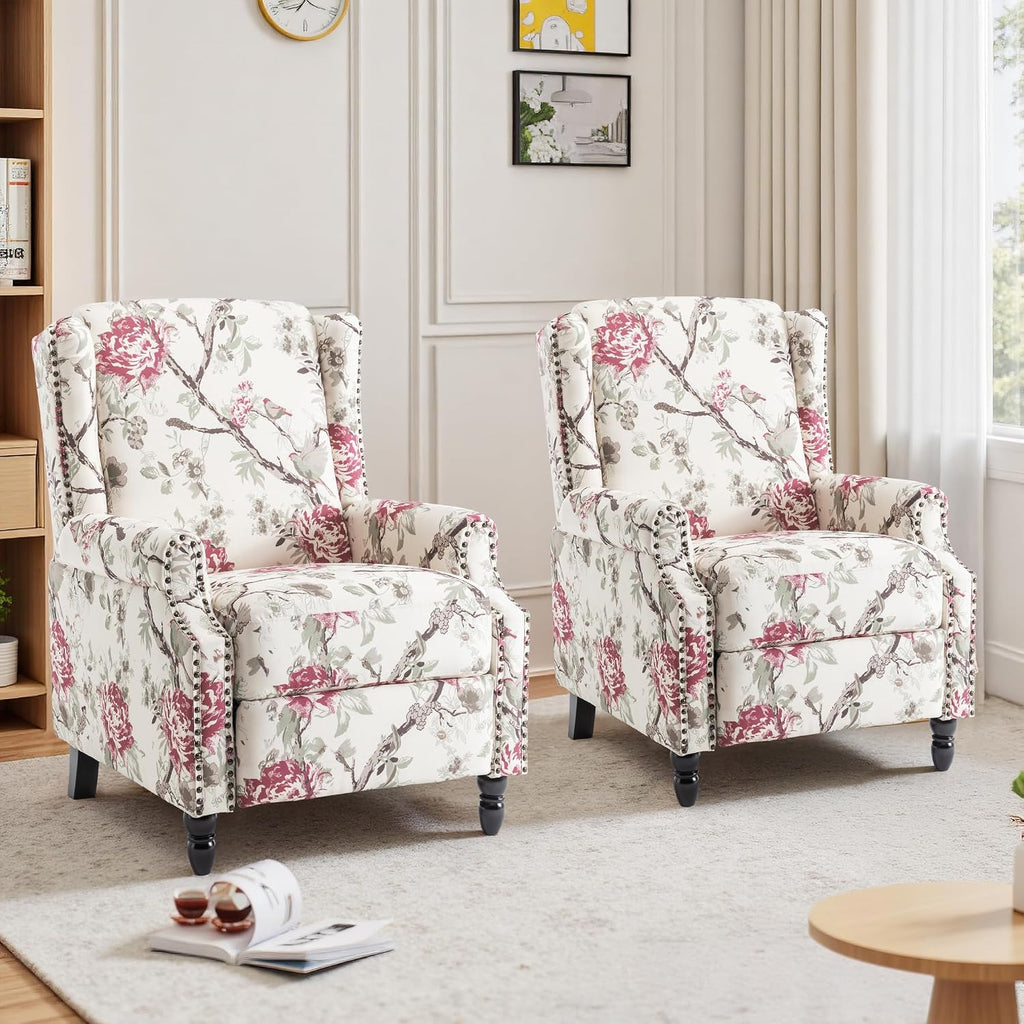 Pushback Recliner Chairs Set of 2, Floral Fabric Wingback Recliner Chair, Upholstered Rivet Trim Armchair Push Back Recliner Accent Chair for Small Spaces, Living Room, Plants Floral