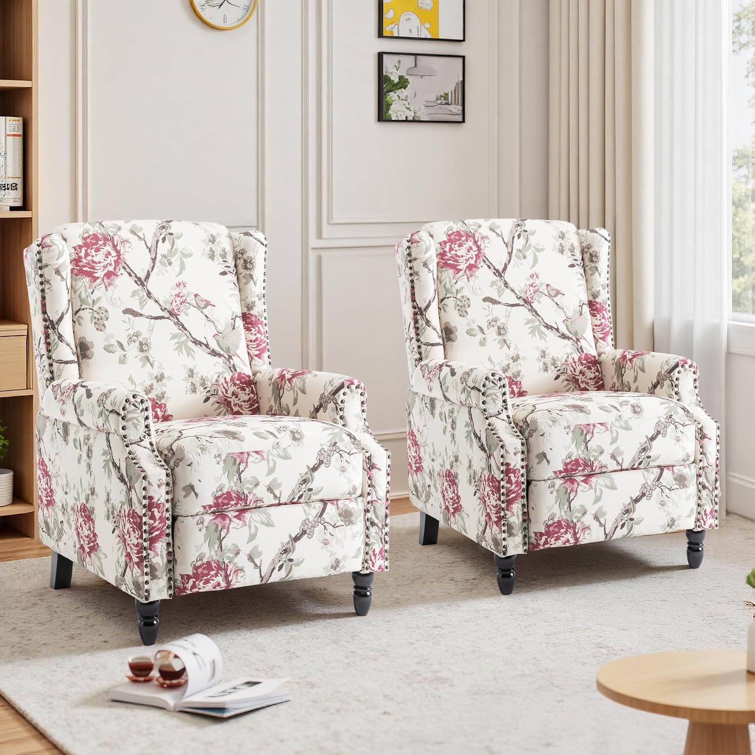 Pushback Recliner Chairs Set of 2, Floral Fabric Wingback Recliner Chair, Upholstered Rivet Trim Armchair Push Back Recliner Accent Chair for Small Spaces, Living Room, Plants Floral