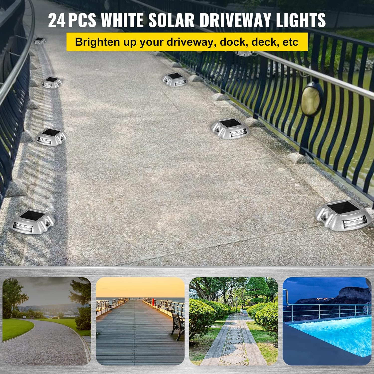 Happybuy Driveway Lights 24-Pack Solar Driveway Lights Bright White with Screw Solar Deck Lights Outdoor Waterproof Wireless Dock Lights 6 LEDs for Path Warning Garden Walkway Sidewalk Steps