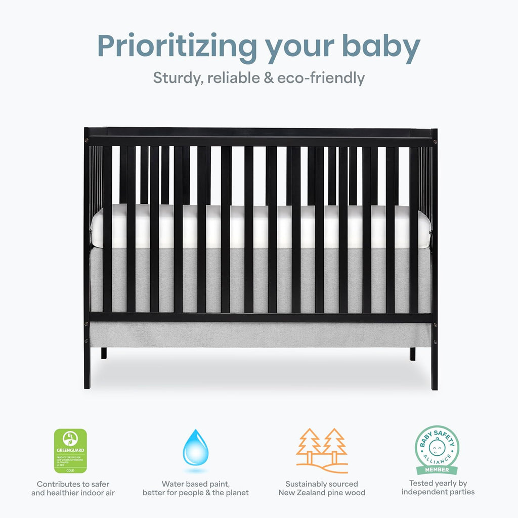Dream On Me Synergy 5-in-1 Convertible Full-Size Baby Crib with Toddler, Day & Full Bed Conversion in Black, GreenGuard Gold & BSA, 3 Mattress Heights, Sustainable Pinewood