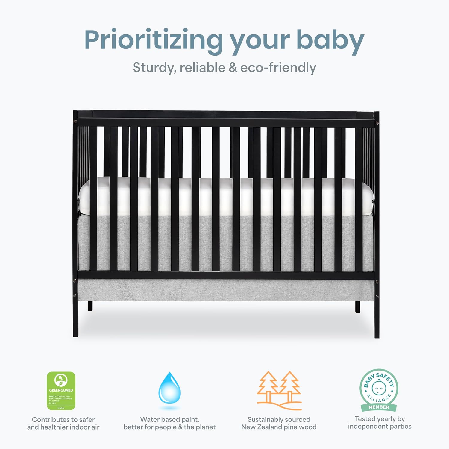 Dream On Me Synergy 5-in-1 Convertible Full-Size Baby Crib with Toddler, Day & Full Bed Conversion in Black, GreenGuard Gold & BSA, 3 Mattress Heights, Sustainable Pinewood