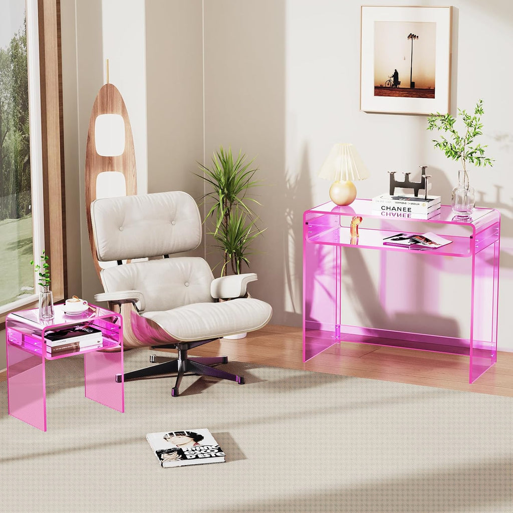 Acrylic Desk Laptop Workstation Study Table Home Office Console Tables Entrance Table Decor (Pink)