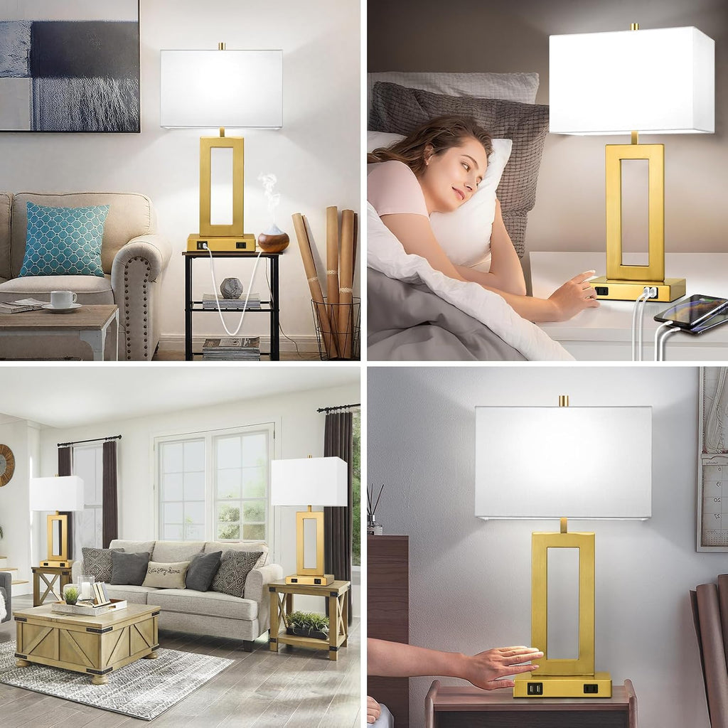 Modern Vintage Gold Table Lamp Set of 2, 28inch Tall Lamps for Living Room Bedroom with 2 USB Ports&AC Outlet, 3 Way Dimmable Touch Control Desk Lamps For Reading Home Office, E26 Socket, with Bulb