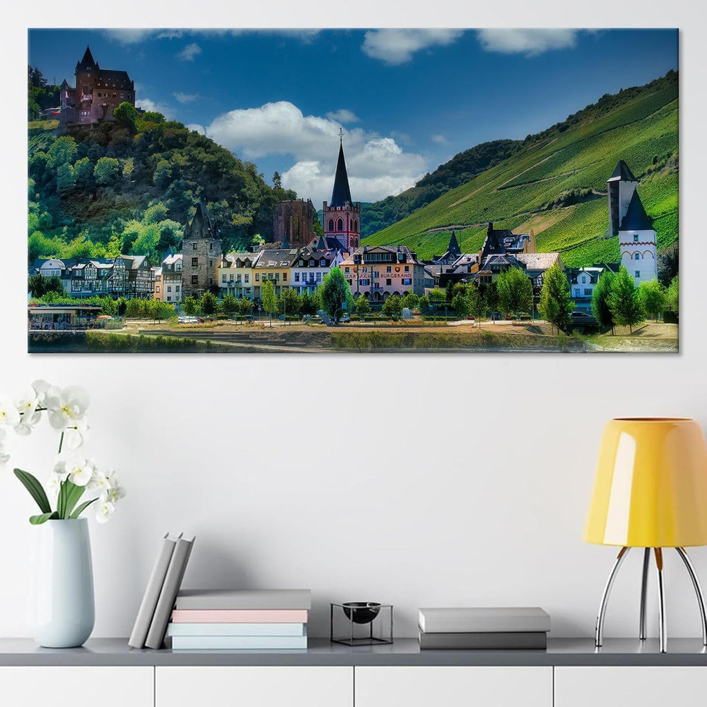 European Hillside Townscape Poster Vintage Medieval Castle Wall Art Colorful Print Vineyard Hills Backdrop Decor Romantic Rhine Valley Canvas Apartment Living Room Artwork 24x48inch Framed