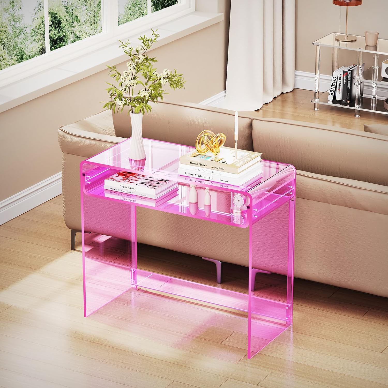 Acrylic Desk Laptop Workstation Study Table Home Office Console Tables Entrance Table Decor (Pink)