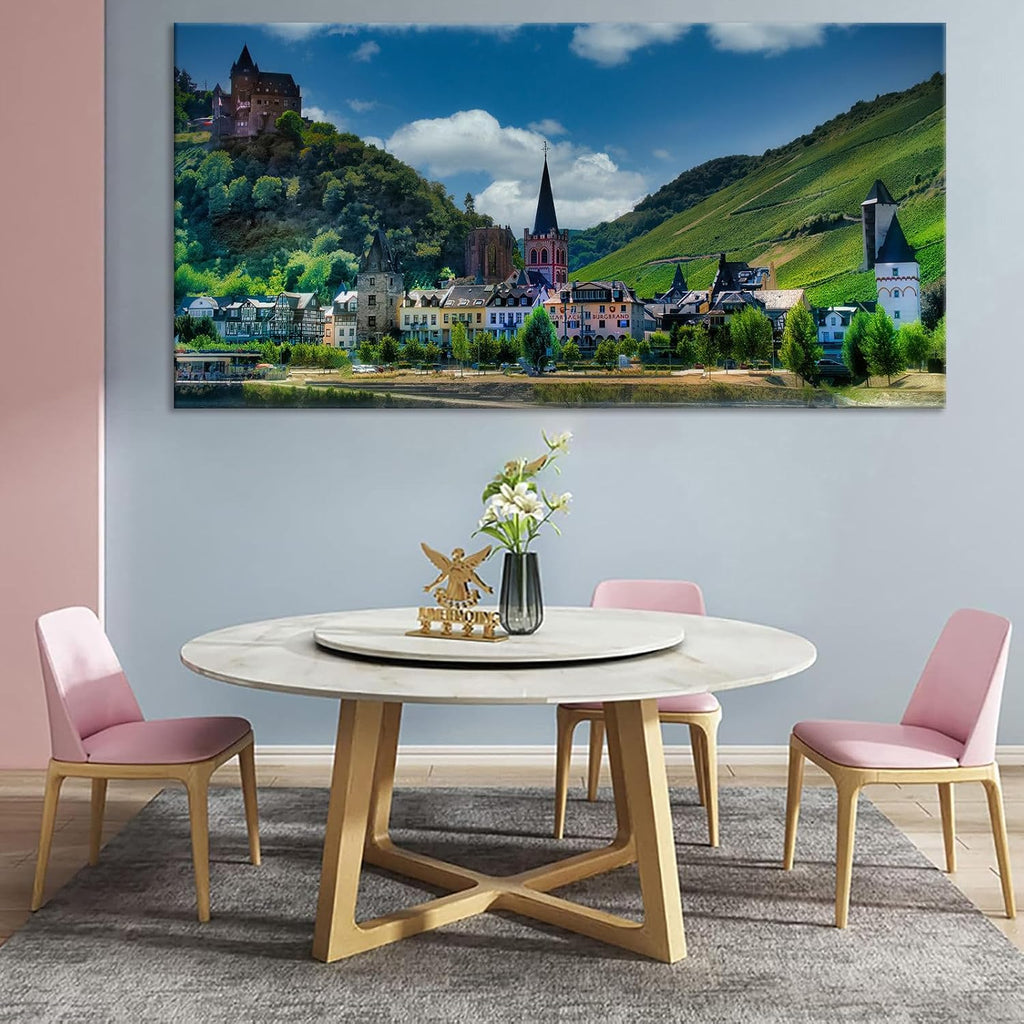 European Hillside Townscape Poster Vintage Medieval Castle Wall Art Colorful Print Vineyard Hills Backdrop Decor Romantic Rhine Valley Canvas Apartment Living Room Artwork 24x48inch Framed