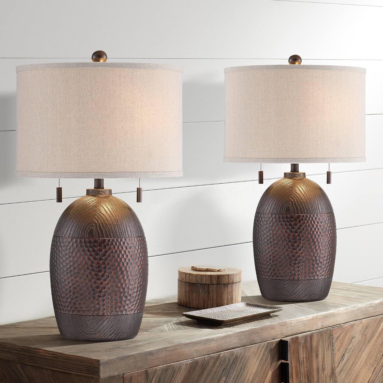 Franklin Iron Works Byron 27 1/2' Tall Farmhouse Rustic Country Cottage Table Lamps Set of 2 Pull Chain Brown Living Room Bedroom Bedside Nightstand House Office Home Reading Kitchen Oatmeal Shade