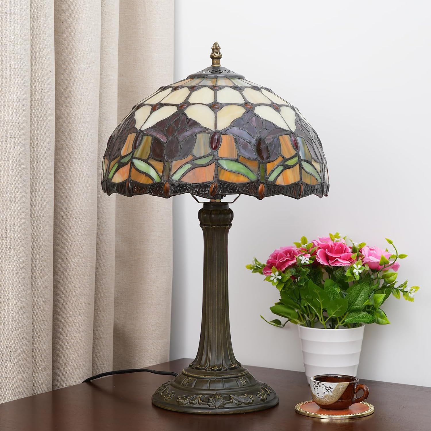 Red Tulip Tiffany Style Stained Glass Table Lamp Bed Room Bedside Reading Desk Light for Living Office Dormitory Bar Retro Unique Cute Accent Decor Cottage 12' Village Gift Nightstand Lamps