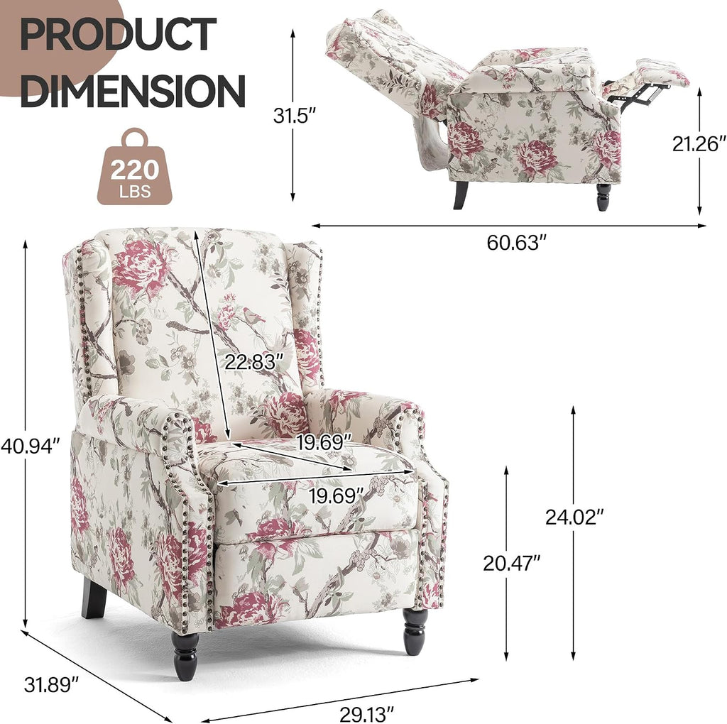 Pushback Recliner Chair, Floral Fabric Wingback Recliner Chair, Upholstered Rivet Trim Armchair Push Back Recliner Accent Chair for Living Room Small Spaces, Plants Floral