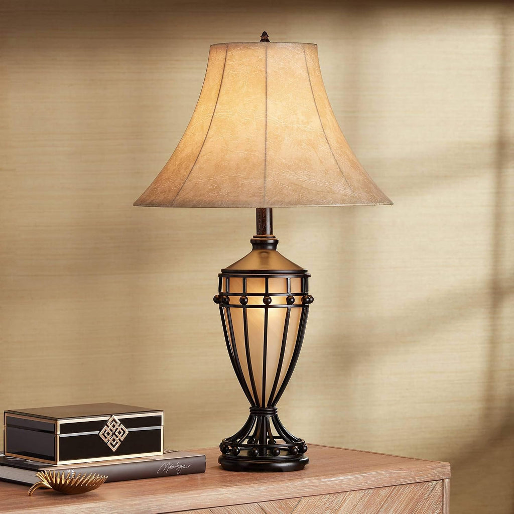 Franklin Iron Works Cardiff Traditional Rustic Urn-Shaped Table Lamps 33' Tall Set of 2 with Nightlight Brushed Iron Cage Champagne Glass Beige Fabric Bell Shade for Living Room Bedroom House