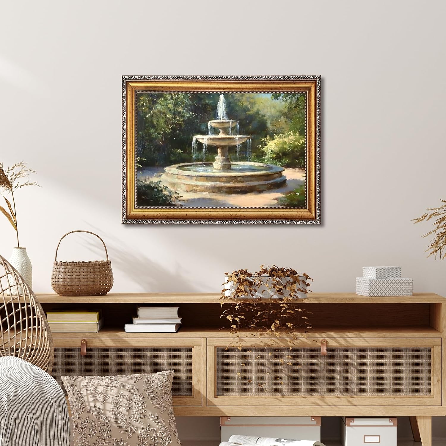 Large Gold Framed Classic Garden Fountain Canvas Poster Vintage Impressionist Landscape Wall Art Retro European Courtyard Outdoor Scenery Painting Prints Artwork for Bedroom Home Decor 24x36inch
