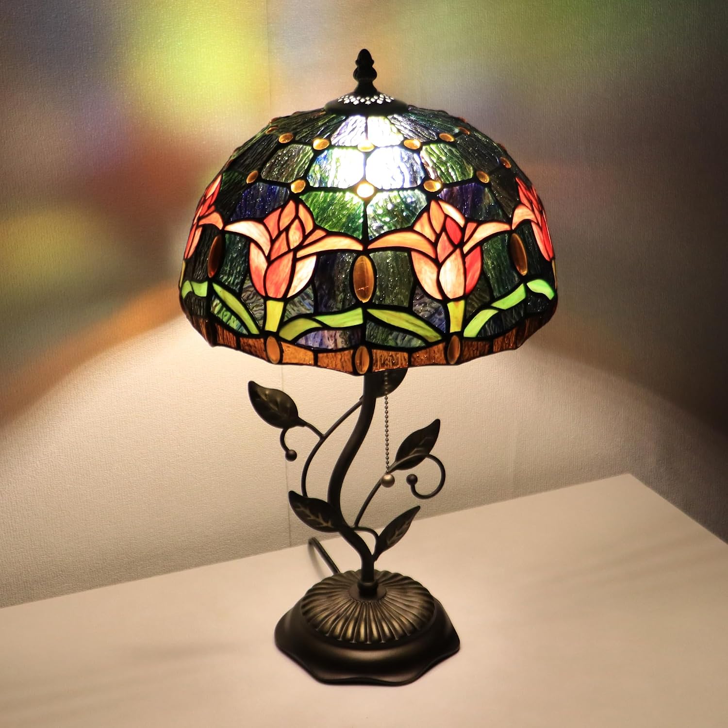 Tiffany Lamp Red Tulip Style Stained Glass Table Lamp Desk Bedside Reading Light 12X12X19 Inches with Metal Leaf Base