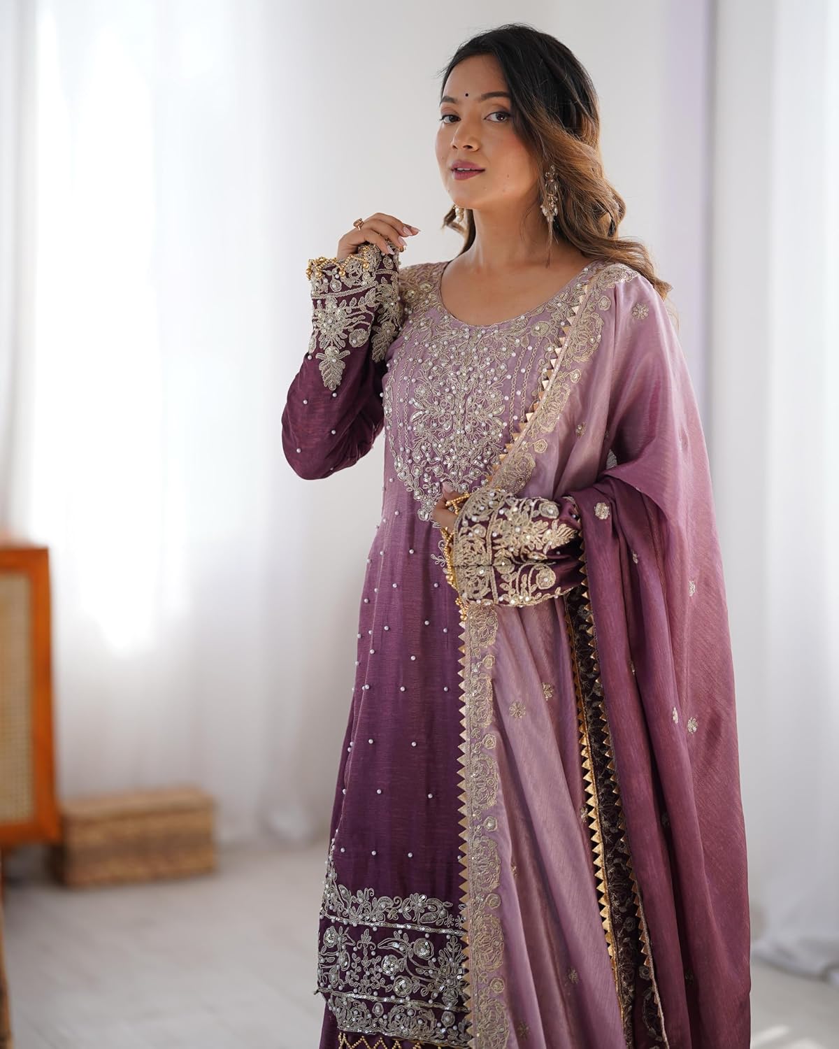 Indian Women's Chinon Silk Fabric Codeing Dori Sequnce Rivet Moti Work Suit 12236