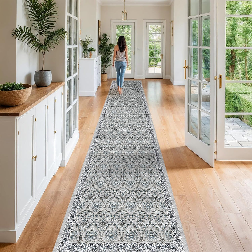 Washable 3x16 Hallway Runner Rug - Soft Kitchen Runner Rugs with Non Slip Rubber Backing Low-Pile Floral Carpet Runners for Bathroom Entryway Laundry Room Home Decor (Grey Blue,3x16)