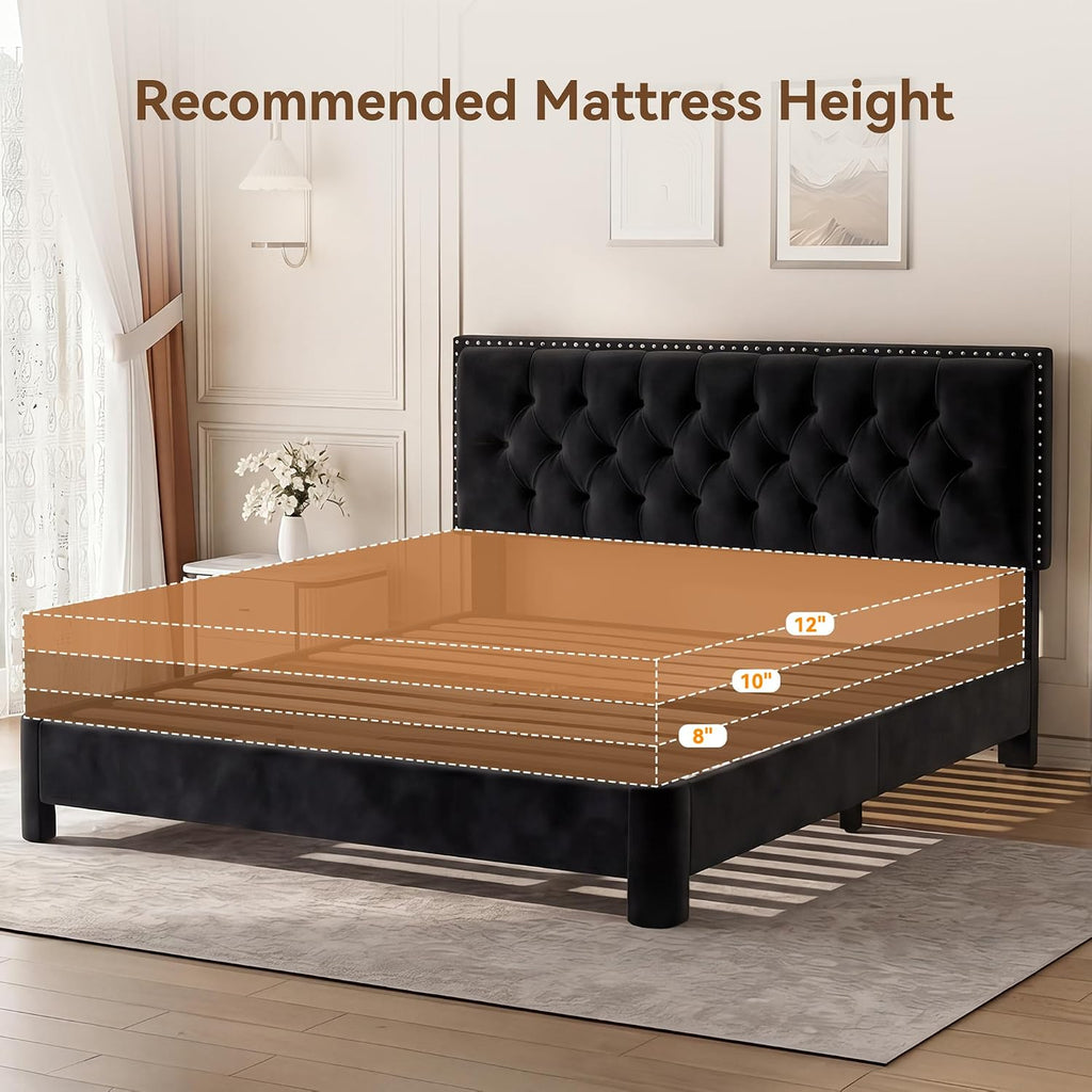 Queen Bed Frame with Headboard, Luxury Velvet Fabric Upholstered Bed frame with Button Tufted Design, Strong Wooden Slats Support - Low & Sturdy, Noise-Free, No Box Spring, Easy Assembly, Black | Plush velvet