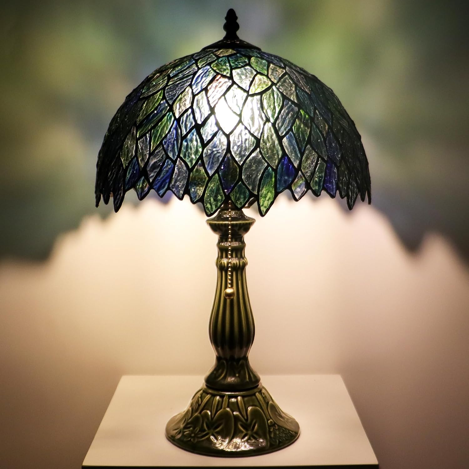 Tiffany Lamp Stained Glass Table Lamps Multicolor Leafage Style Desk Lamp 12X12X18.5 Inch Bronze Ceramic Base Reading Light Suitable for Bedside Bedroom Living Room Dining Room Office