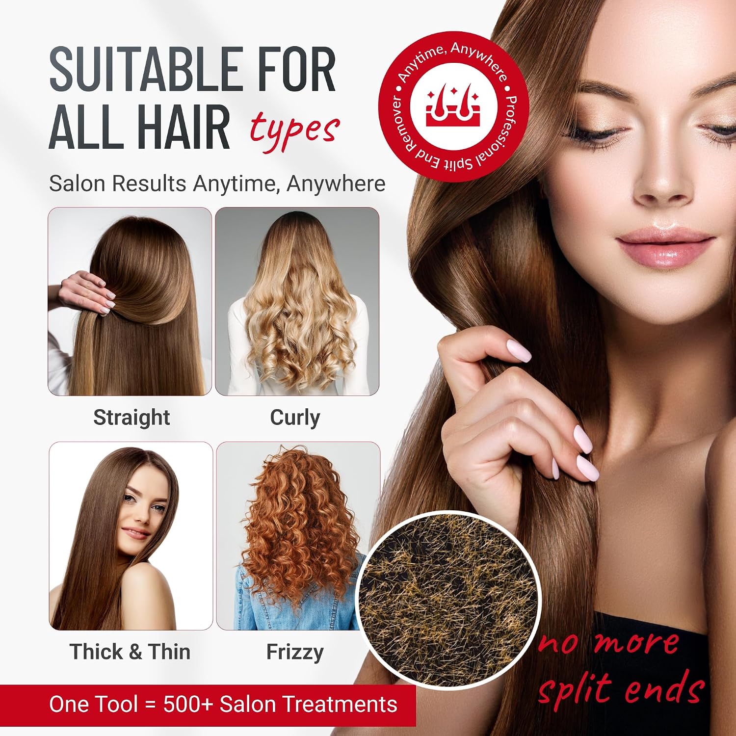 Split-Ender Pro 2 - Original Professional Beauty Tool - Cordless Split End Hair Trimmer for Damaged, Dry, Brittle, Frizzy, Curly or Straight Hair (Red)