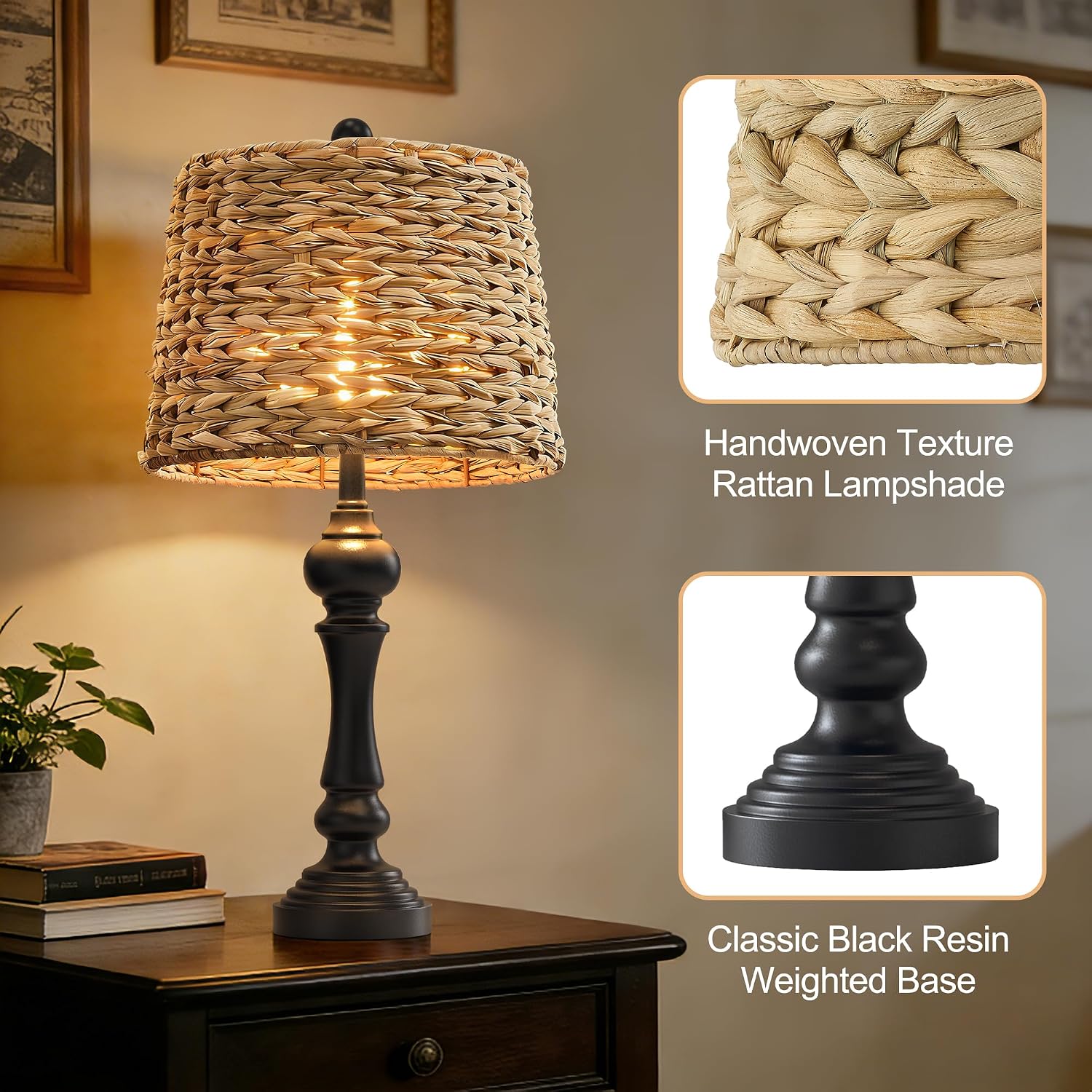 Maxax 26' Boho Rattan Table Lamps for Bedroom Set of 2, Coastal Bedside Lamps with Rattan Shade, Black Farmhouse Wicker Lamps, Rustic Resin Nightstand Lamps for Living Room