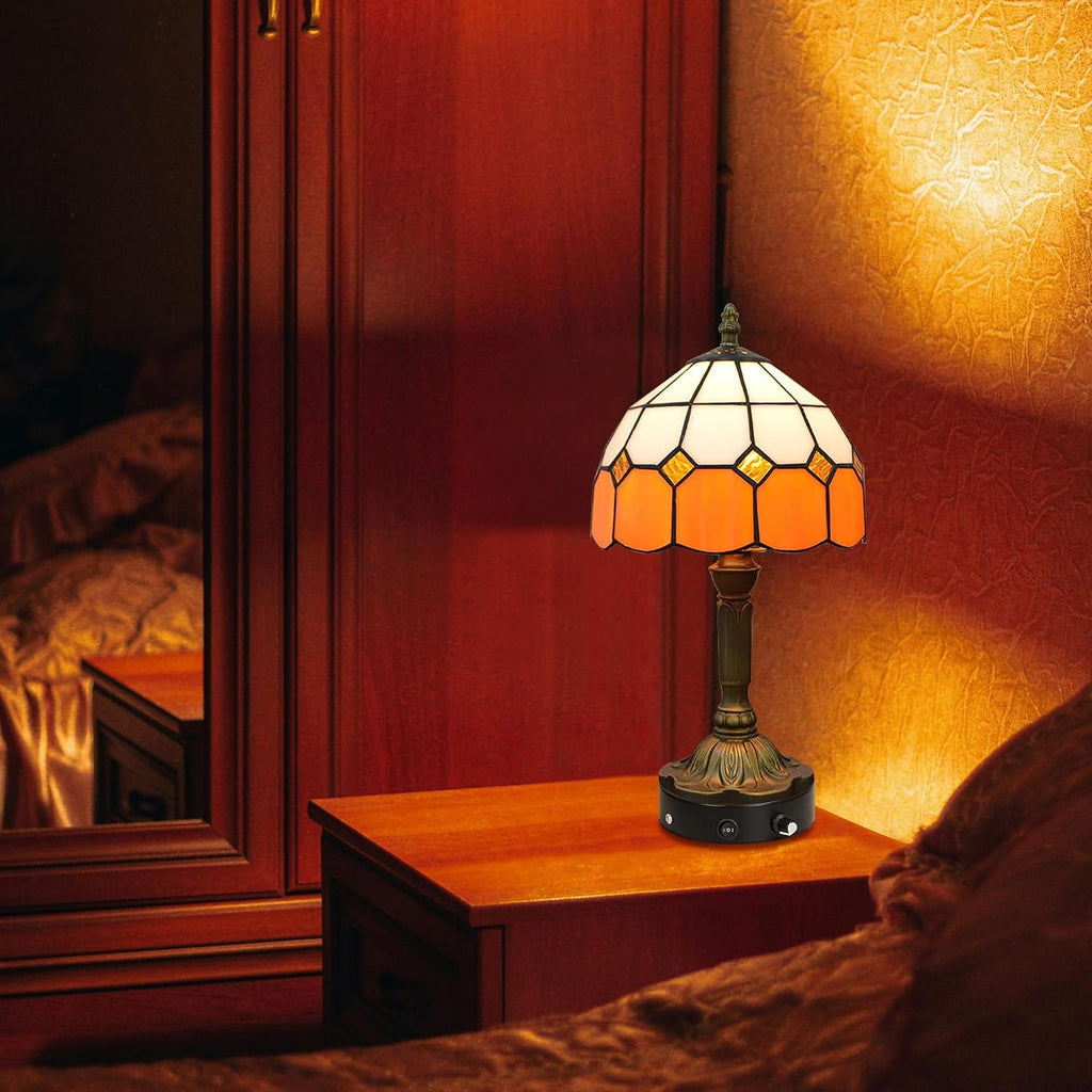 Kiven Cordless Table Lamp, Dimmable Bedside Lamps for Nightstand with Orange Glass Lampshade, Tiffany-Style Rechargeable Desk Lamp for Reading Home Decor Bedside,1-Light