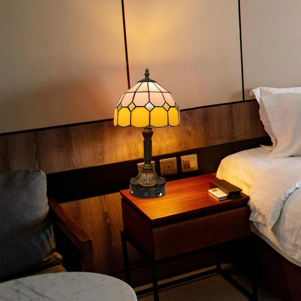 Kiven Cordless Table Lamp, Dimmable Bedside Lamps for Nightstand with Yellow Glass Lampshade, Tiffany-Style Rechargeable Desk Lamp for Reading Home Decor Bedside,1-Light