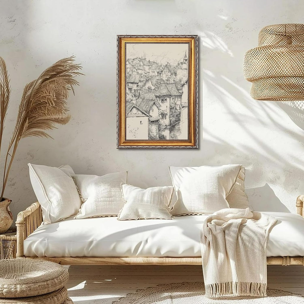 Large Gold Framed European Old Town Sketch Canvas Wall Art Vintage Medieval Village Architecture Poster French Cityscape Rustic Travel Art Painting Prints Artwork Farmhouse Home Decor 24x36inch