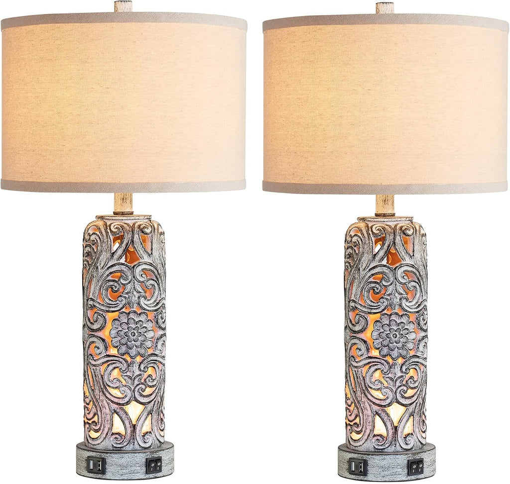 25'' Set of 2 Farmhouse Table Lamps with 2 USB Ports for Living Room Bedroom, Rustic Vintage Table Lamp with Nightlight, Earthy Yellow Hollow Out Resin Lamp for End Table, 2 Bulbs Included