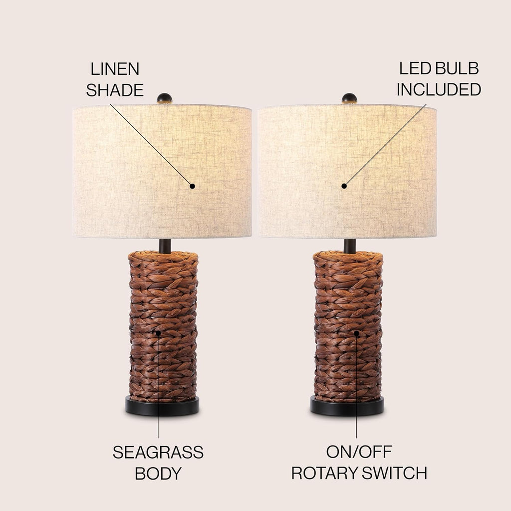 JONATHAN Y 25' Dark Brown Coastal Water Hyacinth Table Lamp Set of 2, Bedside Lamp with Light Grey Linen Shade, Boho Farmhouse Decor for Living Room Nightstand, LED Bulbs (JYL6502B-SET2)