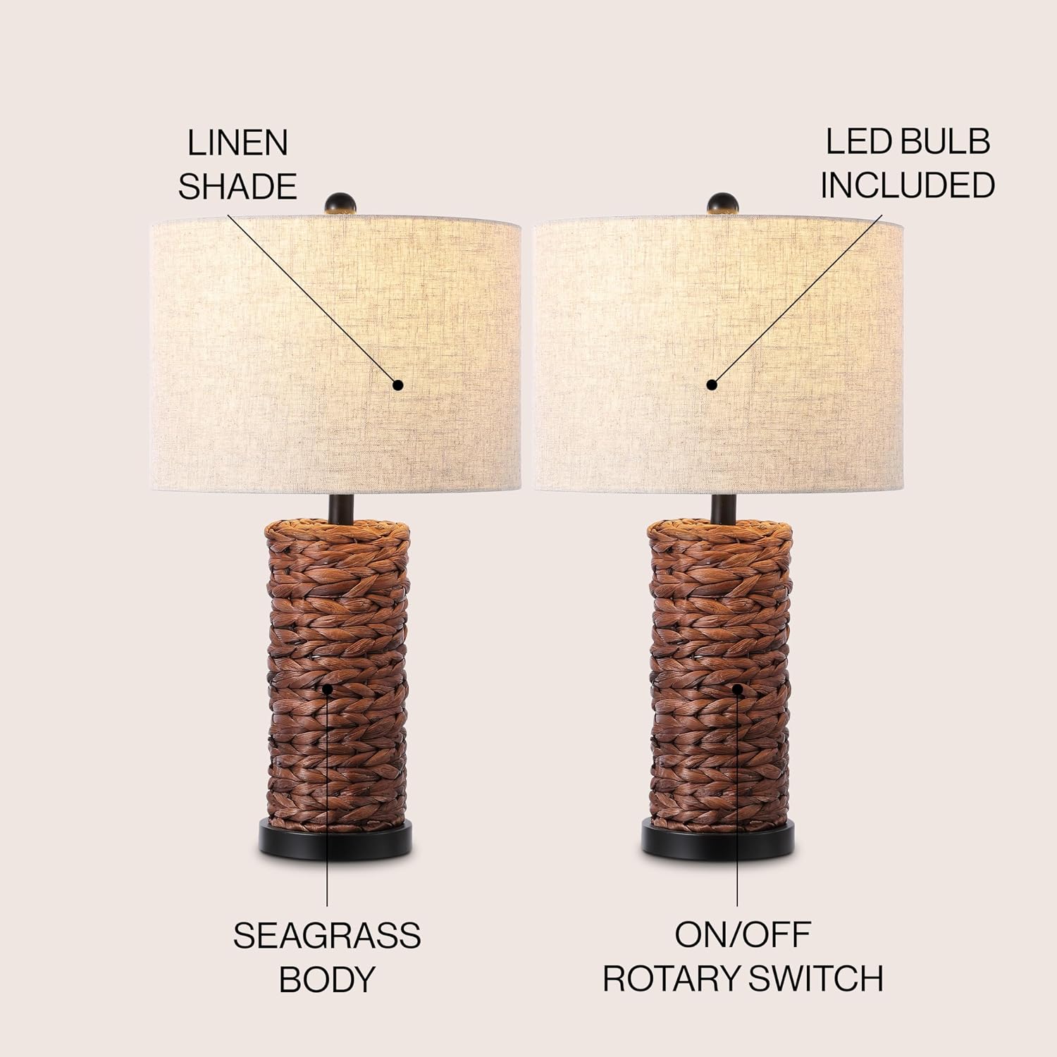 JONATHAN Y 25' Dark Brown Coastal Water Hyacinth Table Lamp Set of 2, Bedside Lamp with Light Grey Linen Shade, Boho Farmhouse Decor for Living Room Nightstand, LED Bulbs (JYL6502B-SET2)