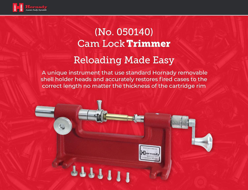 Hornady Cam-Lock Trimmer 050140 - Reloading Case Trimmer Accurately Restore Fired Cases Up to 50 Calibers - Unique Brass Trimmer with Micro Adjust Cutter, 7 Pilot Sizes, & Large Diameter Cutting Head