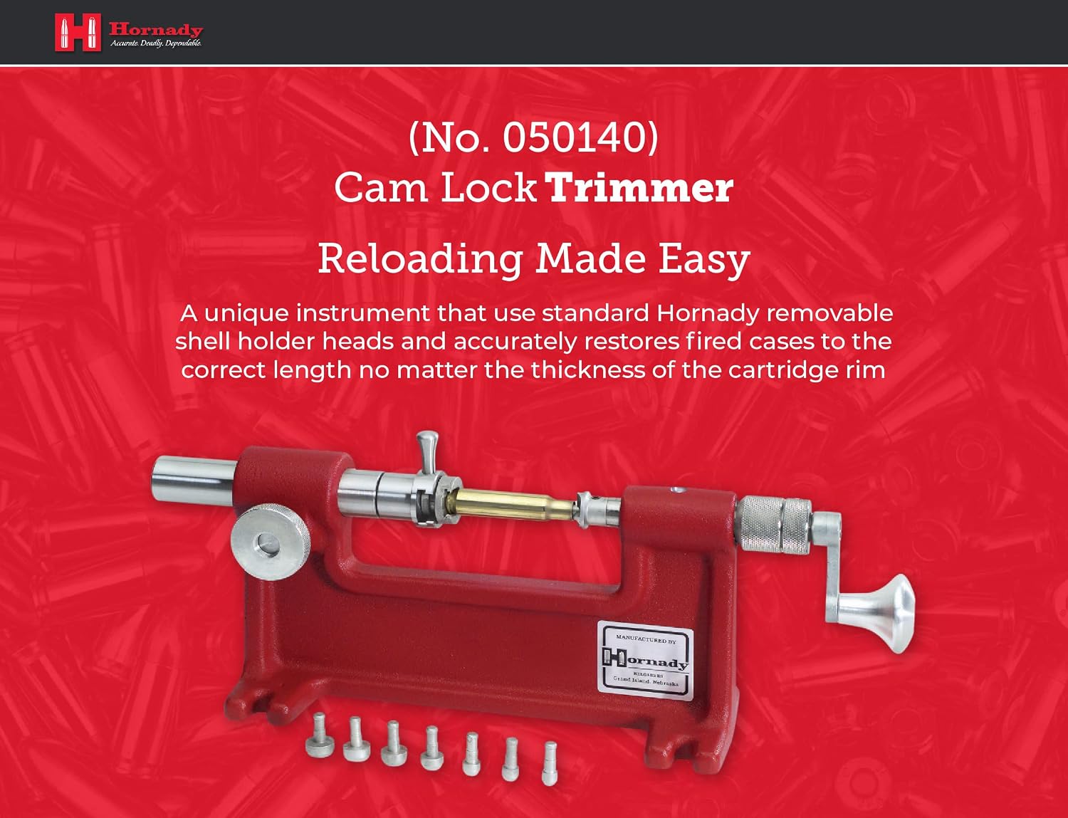 Hornady Cam-Lock Trimmer 050140 - Reloading Case Trimmer Accurately Restore Fired Cases Up to 50 Calibers - Unique Brass Trimmer with Micro Adjust Cutter, 7 Pilot Sizes, & Large Diameter Cutting Head