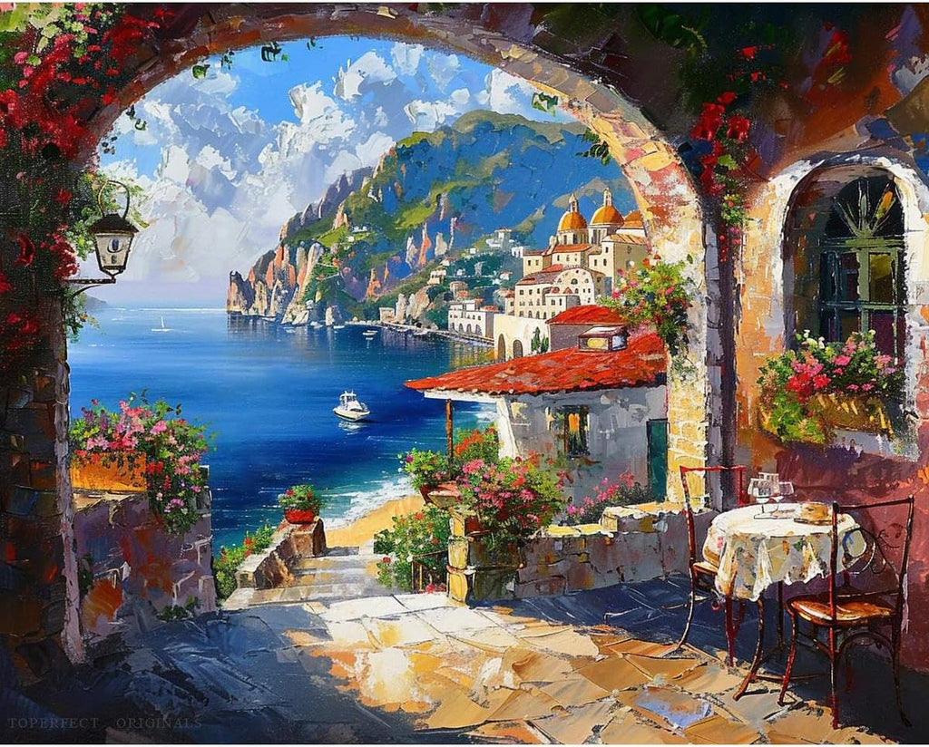 30 Original Mediterranean painting, Archway to MED Sea, scenery wall art seascape painting restaurant decor living room bedroom, handmade acrylic art Mediterranean on canvas by college teachers 2