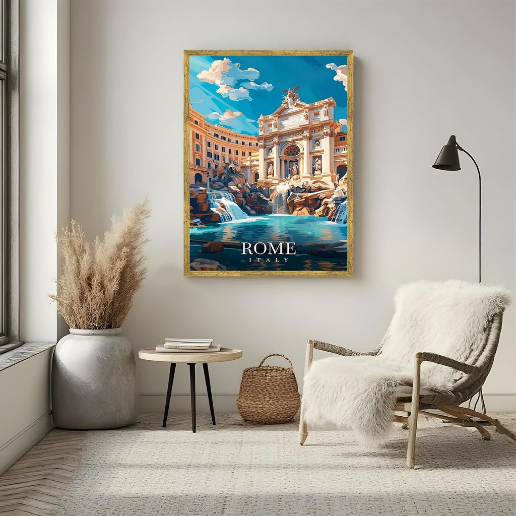 Framed Rome Italy Vintage Travel Posters Trevi Fountain Wall Art Canvas Print Cityscape Painting Artwork European Architecture Picture Wall Decor for Living Room Bedroom Home Office 24x36inch